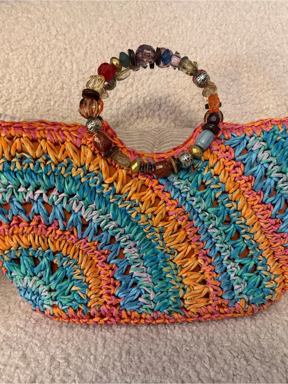 Multicolor Crochet Beach Tote with Beaded Handle